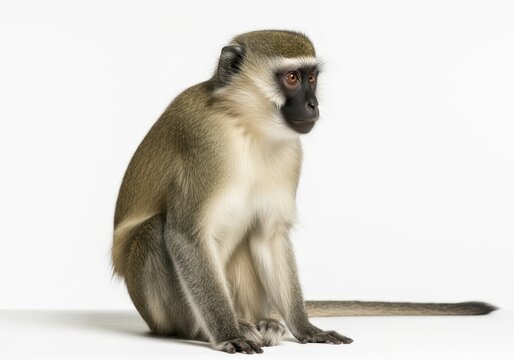 Side View of a Vervet Monkey (Chlorocebus pygerythrus) Sitting Against White Background