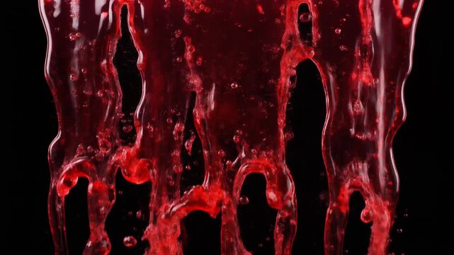 垂直に流れ落ちるルビーレッドの透明な液体の複雑な流れ
