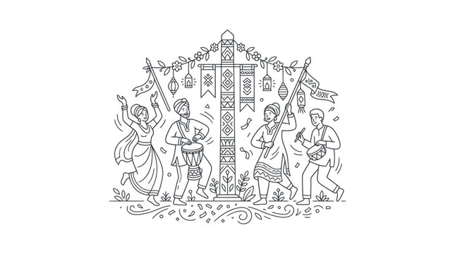 Cultural festival celebration with traditional musicians and dancers line art illustration