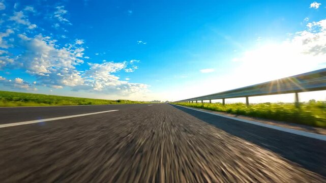 Fast driving on an empty highway under a bright blue sky with sun rays.