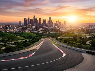 Obraz premium Los angeles racetrack with downtown skyline at golden hour