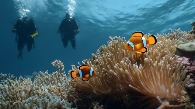 Scuba divers exploring vibrant marine life under the ocean's surface.