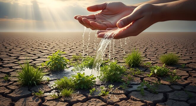 Life-giving water poured from cupped hands onto parched earth with small green plants