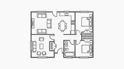 Fototapeta premium Creative Minimalist Black and White Floor Plan of Modern Apartment with Furniture Layout and Open Space Design