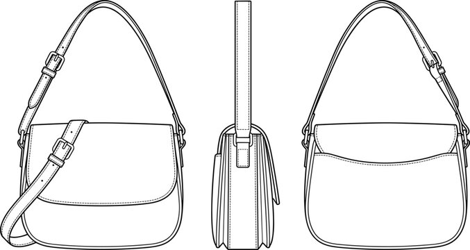 Fashion technical sketch of a women leather crossbody bag showing front side and back views for accessory design template