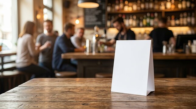 Empty paper card placed on a table against a blurred cafe background.