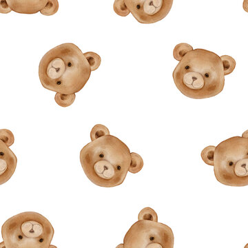 Seamless pattern with watercolor illustrations of cute brown teddy bear faces. For baby textiles and children's decor, design, wallpaper. Repeating pattern of bear heads.