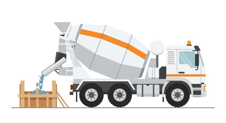 Fototapeta premium Concrete Mixer Truck Illustration Pouring Cement into Construction Foundation Formwork, Flat Vector Style Design on White Background
