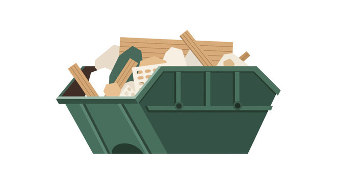 Green Construction Skip Bin with Waste and Debris Flat Vector Illustration