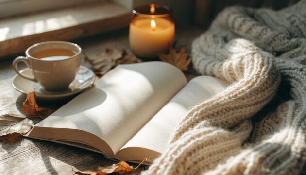 Cozy autumn reading scene with tea, book, candle, and warm blanket