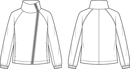 Fashion technical sketch of women asymmetrical zip up jacket front and back views for clothing design mockup template © fulbabu