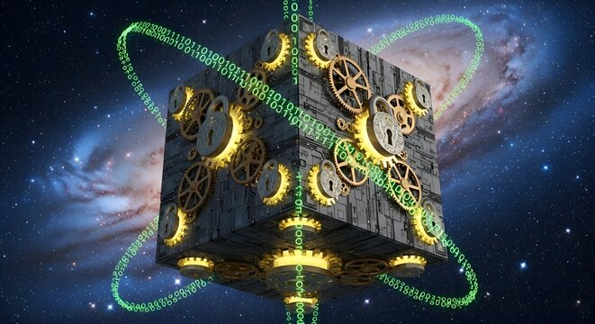 Mystical clockwork cube with glowing gears in space, celestial background