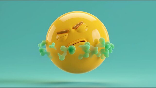 Glossy 3D Sick Yellow Emoji Nauseous with Green Smoke
