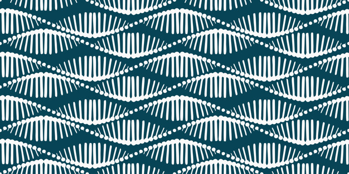 Abstract seamless DNA double helix pattern on dark teal background. Vector illustration of genetic science, biology, and medical wave structure.