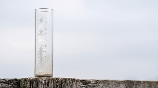 Glass rain gauge nearly empty with dust settled at bottom on weathered post, drought measurement and water scarcity concept art horizontal with copy space