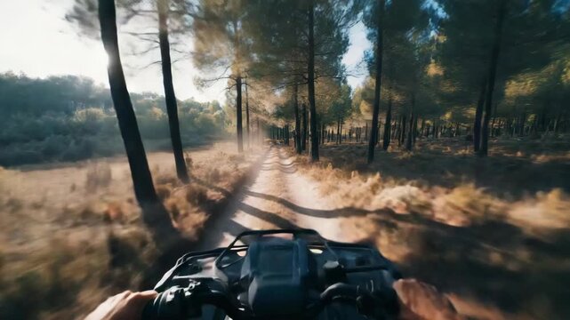 A thrilling experience on an off-road vehicle through a dense forest with blurred trees and foliage indicating swift movement.