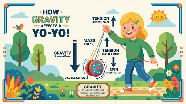 How gravity affects a yo-yo with cute girl playing in park outdoors illustration.