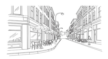 Obraz premium Street cafe sketch, European city, outdoor dining, architectural sketch