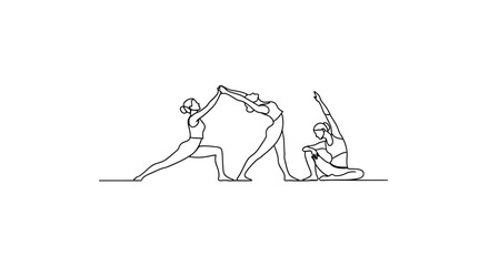 Fototapeta premium Three women doing yoga together, stretching and balancing in a studio