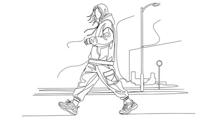 Fototapeta premium Urban Walker: Minimalist Line Art of a Person Striding in a Cityscape