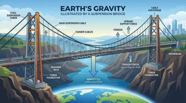 Suspension bridge diagram showing earth gravity force physics engineering design concept.