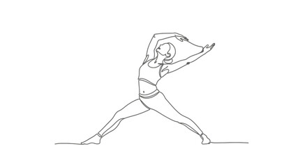 Fototapeta premium Woman practicing yoga, Warrior II pose, continuous line drawing, elegant fitness illustration