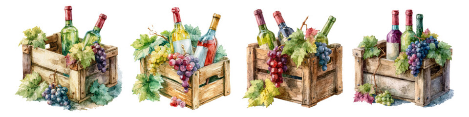 Obraz premium Wine bottles are placed in wooden crates, surrounded by fresh grapes and vine leaves, illustrating the traditional process of vineyard harvesting and presenting fine beverage products