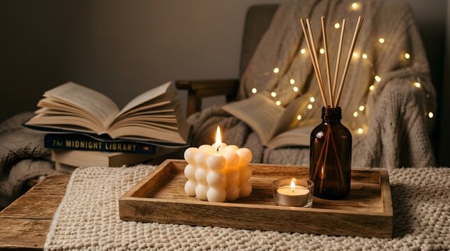 Cozy reading nook with lit bubble candle and reed diffuser on tray during evening ambiance