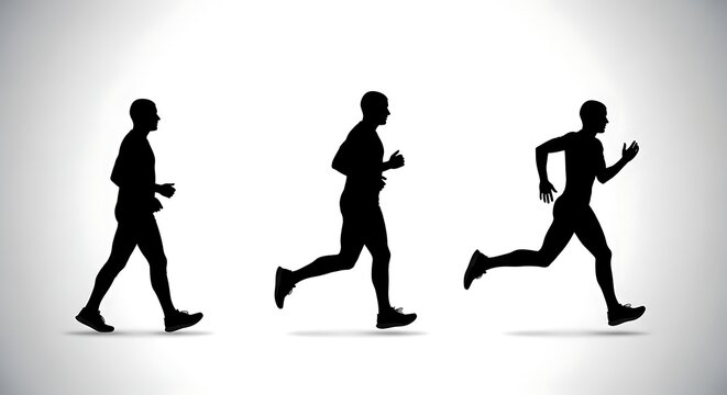 Black Silhouette Runner Progression Moving Across Minimal White Studio Background