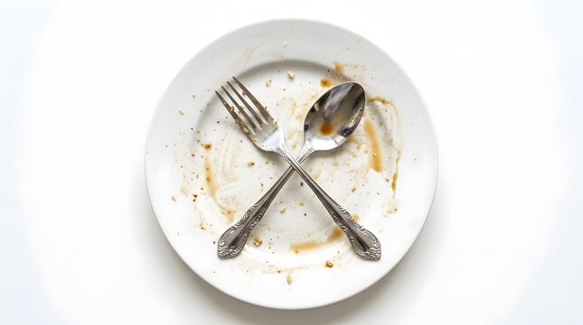 Dirty white plate with crossed fork and spoon after meal on white background with soft lighting