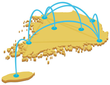 3D isometric map of South Korea with blue communication lines representing regional trade routes, data network, internal flights, and domestic transportation logistics (cut out)