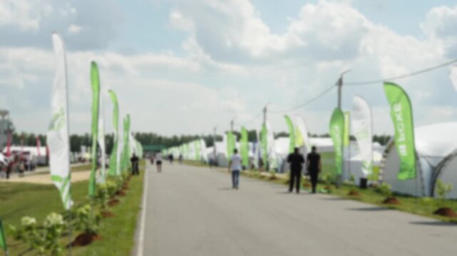 A blurry view shows people walking down a wide path lined with green and white flags at an outdoor exhibition or festival under a cloudy sky.
