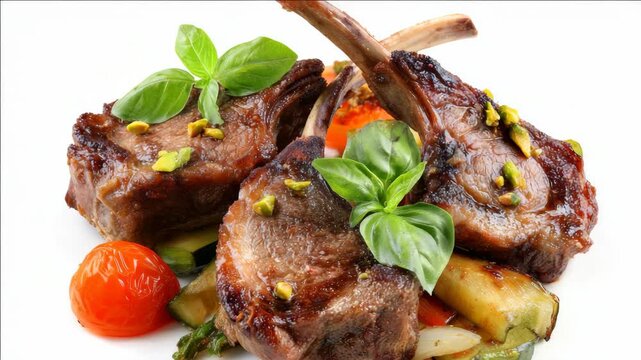 Tasty grilled lamb chops served on a plate with vegetables, such as bell peppers and cherry tomatoes, topped with basil leaves.