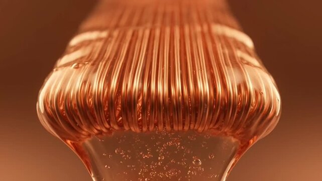 Macro Close Up of Copper Wire Coil Submerged in Transparent Liquid with Rising Bubbles.