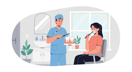 Fototapeta premium Dentist Inspecting Patient Brushing Teeth in Bathroom - Dental Care Concept