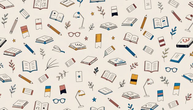 Seamless hand-drawn vector pattern featuring books, pencils, and reading accessories