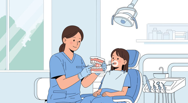 Dentist showing teeth model to child patient in clinic