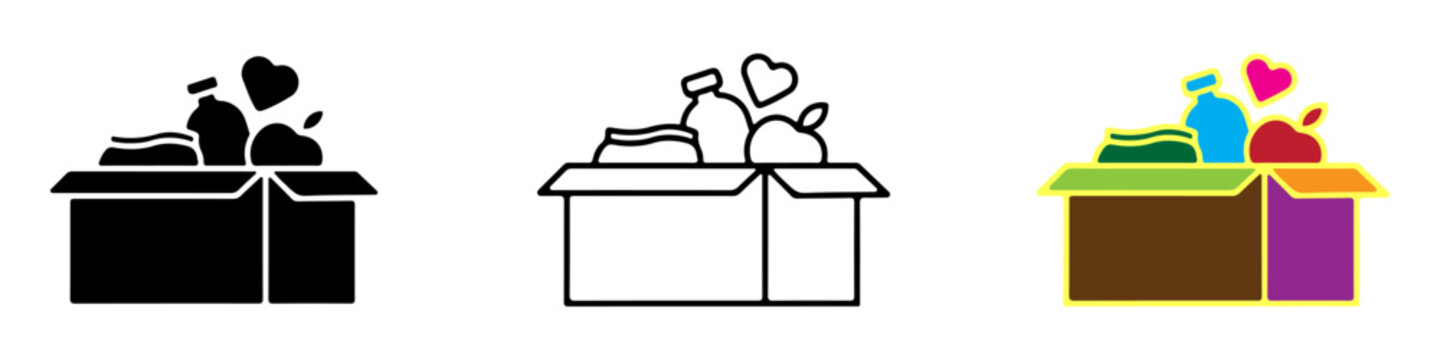 Food donations icon set silhouette, Clipart vector illustration. PNG. Editable stroke. Humanitarian help box icon.