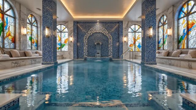 Luxurious indoor spa interior with rectangular pool, blue mosaic pillars, arched waterfall feature, marble walls, stained glass windows, and white towel stacks on marble benches.
