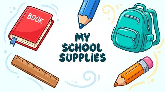 back to school vector,Colorful My School Supplies Illustration Featuring a Backpack, Book, Pencil, Ruler, and Eraser in a Cute Hand-Drawn Cartoon Style, Educational Stationery Collection, Back to Scho