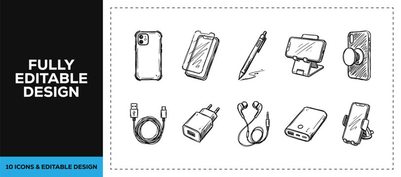 Black ink scribble hand drawn modern smartphone and mobile accessory icon set bundle featuring doodle sketch vector illustrations for app development and tech store branding art.