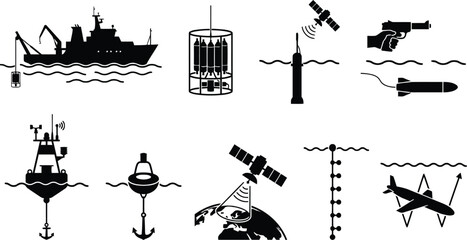 Black and white ocean surveillance equipment icons set © SULTAN MIAH