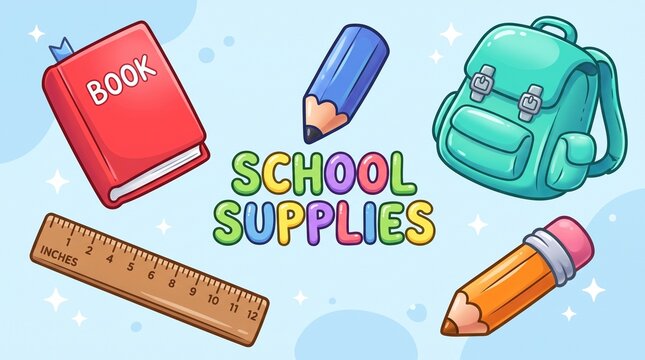 back to school Colorful My School Supplies Illustration Featuring a Backpack, Book, Pencil, Ruler, and Eraser in a Cute Hand-Drawn Cartoon Style, Educational Stationery Collection, Back to School Conc