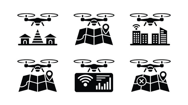 Drone delivery and aerial logistics icon collection for smart transportation