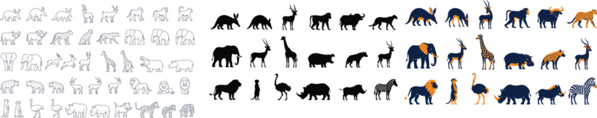 Obraz premium Savanna and wild animal vector icons in outline silhouette and color
