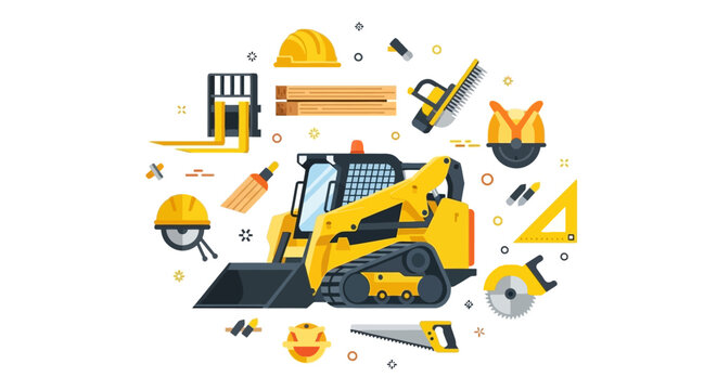 Skid Steer Loader with Construction Tools Vector Illustration - Industrial Heavy Machinery and Equipment Flat Design Icons for Building and Renovation