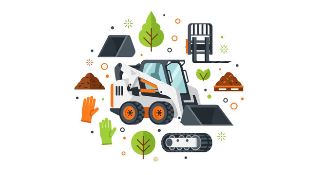 Modern Skid Steer Loader Vector Illustration with Landscaping and Construction Attachments