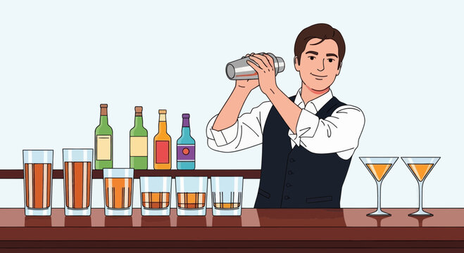 Bartender Shaking Cocktail Shaker at Bar with Drinks
