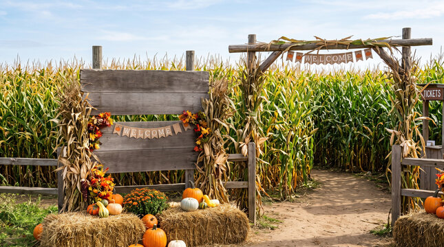 Autumn harvest festival entrance with pumpkins and hay bales surrounded by cornfield. Festive autumn celebration includes decorative elements like straw and flowers