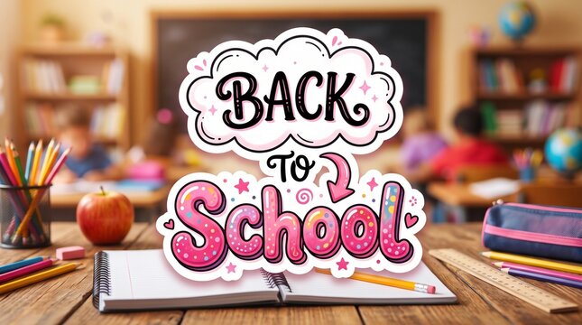 back to school Colorful My School Supplies Illustration Featuring a Backpack, Book, Pencil, Ruler, and Eraser in a Cute Hand-Drawn Cartoon Style, Educational Stationery Collection, Back to School Conc